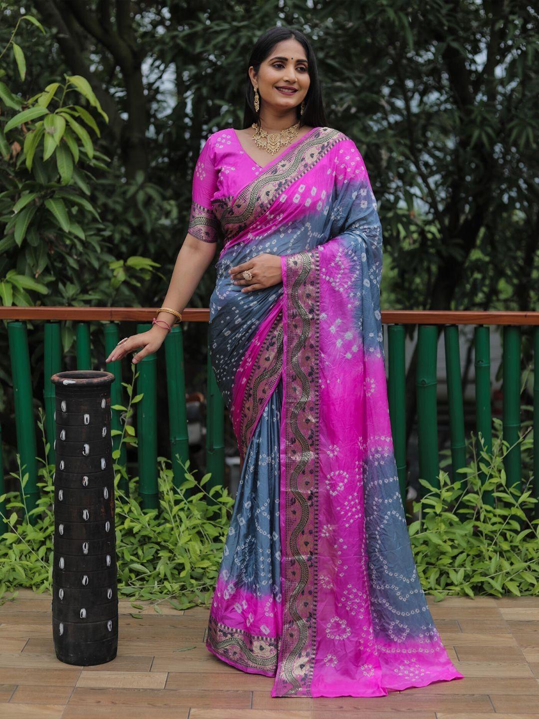 mitera grey & pink bandhani printed zari silk saree