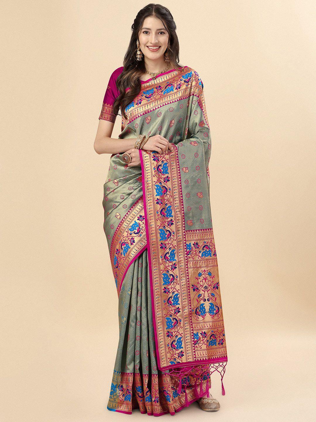 mitera grey & pink ethnic motifs woven design zari pure silk paithani saree