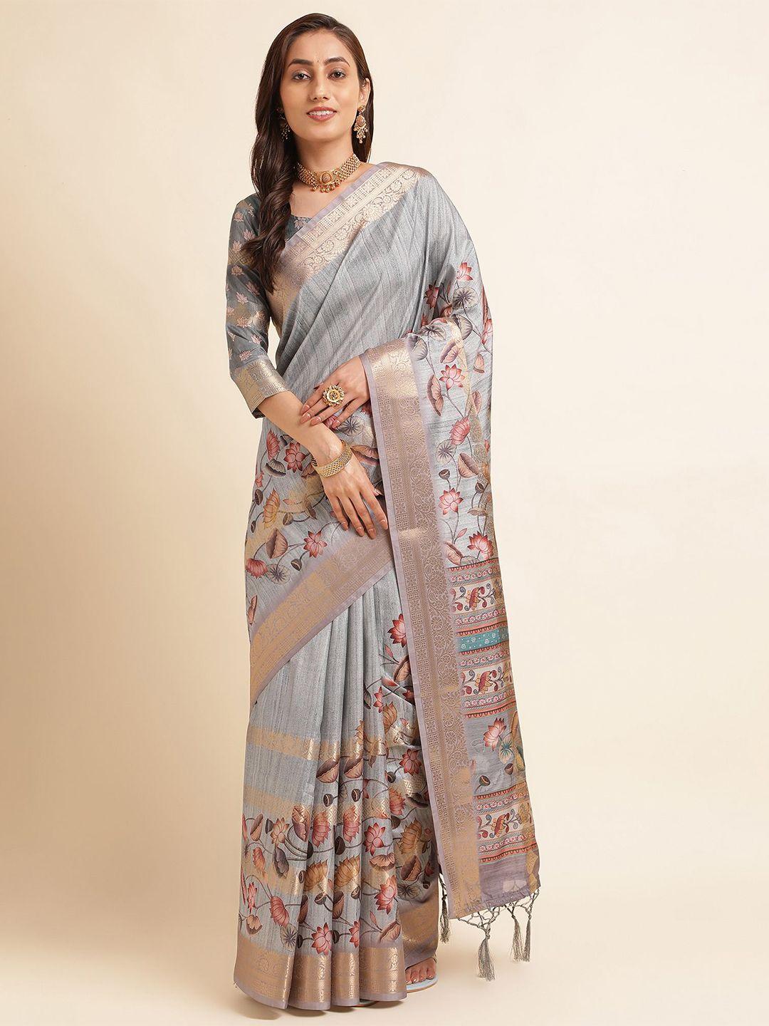 mitera grey & pink floral printed zari pure silk saree