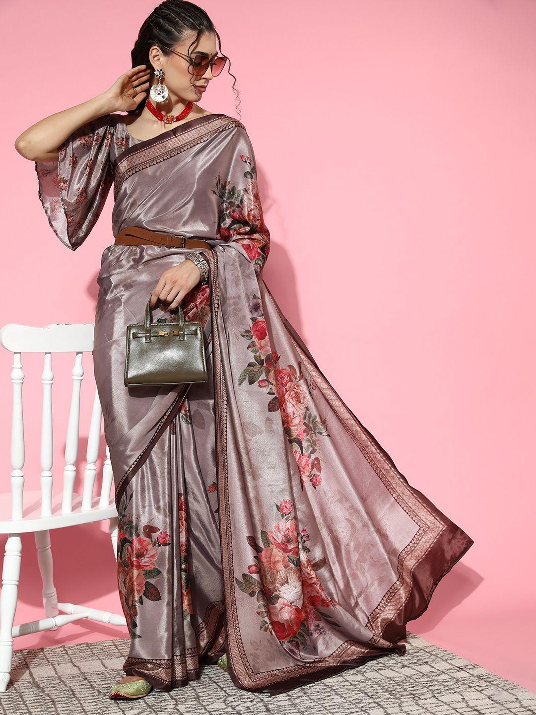 mitera grey & pink floral saree