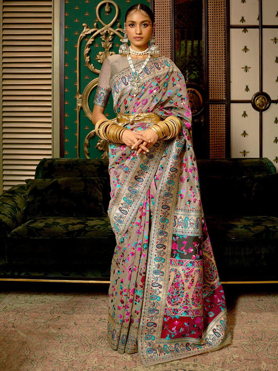 mitera grey & pink floral zari silk blend paithani saree