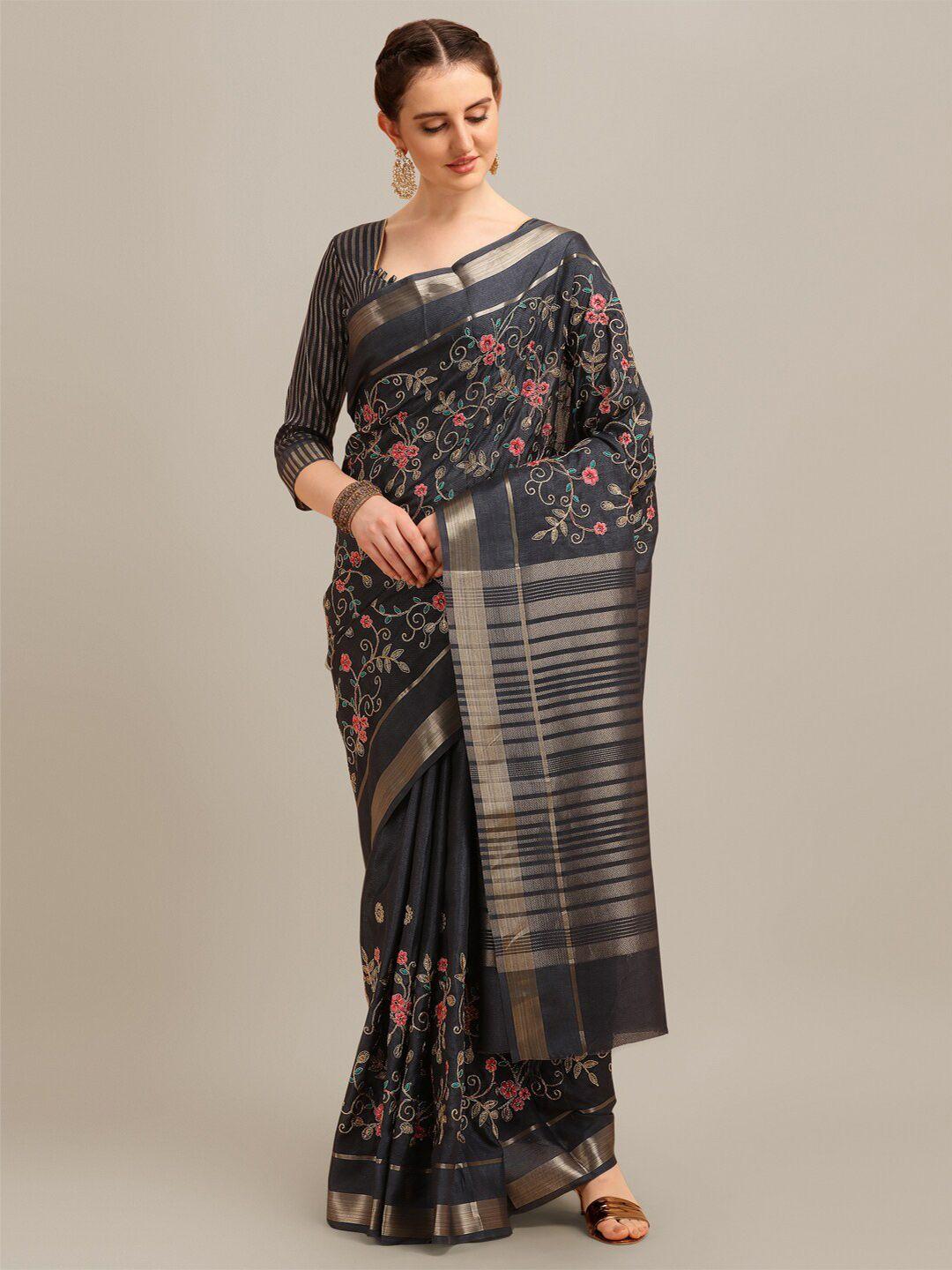 mitera grey & pink floral zari silk cotton saree