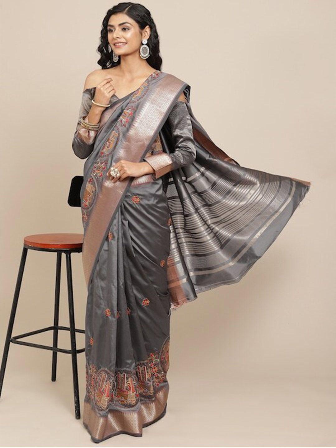 mitera grey & red ethnic motifs embroidered zari silk cotton saree