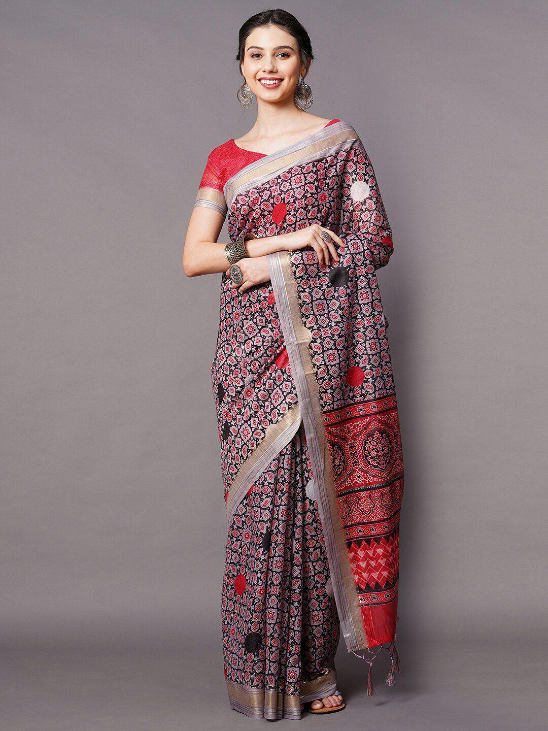 mitera grey & red ethnic motifs linen blend saree