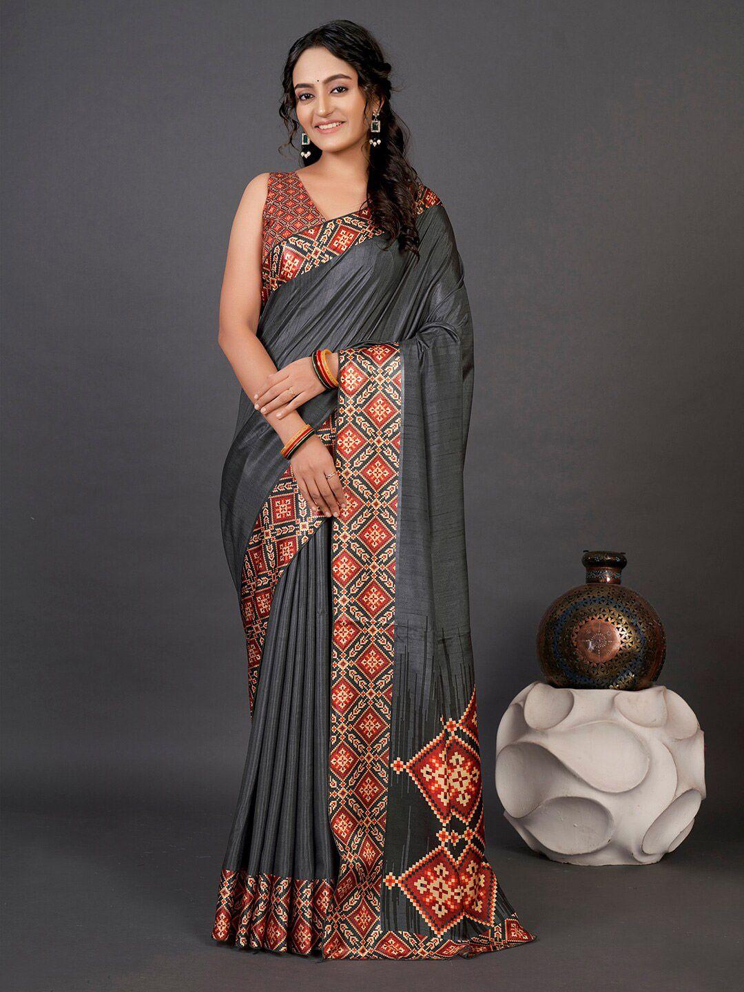 mitera grey & red ethnic motifs printed patola saree