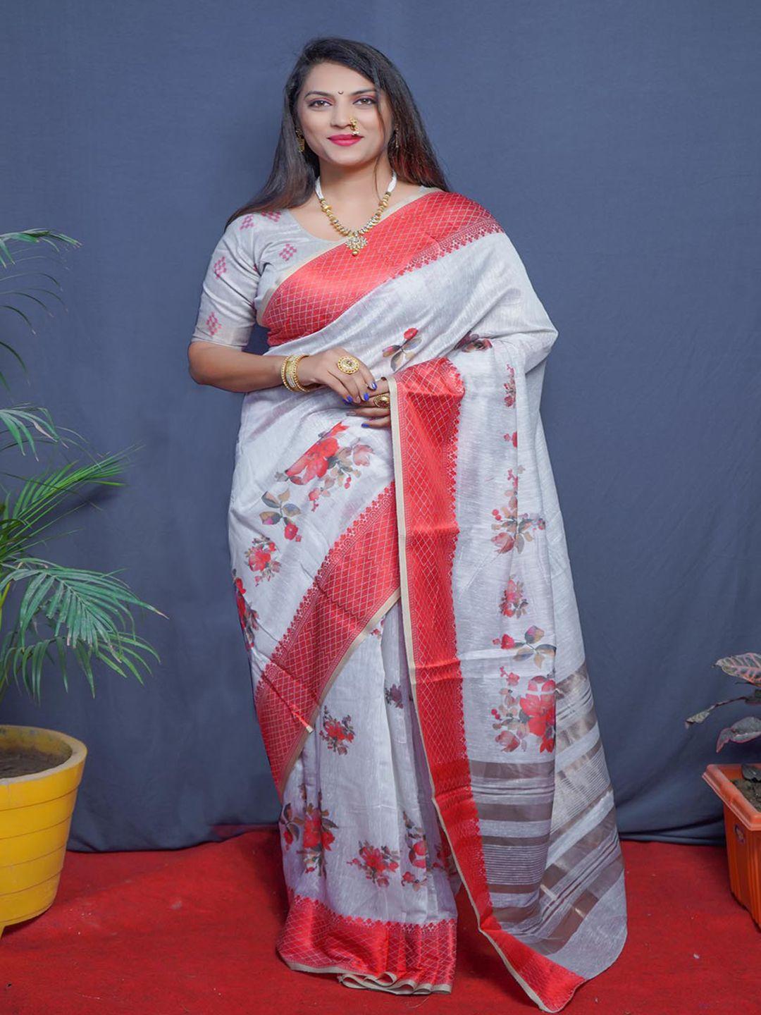 mitera grey & red floral printed linen silk saree