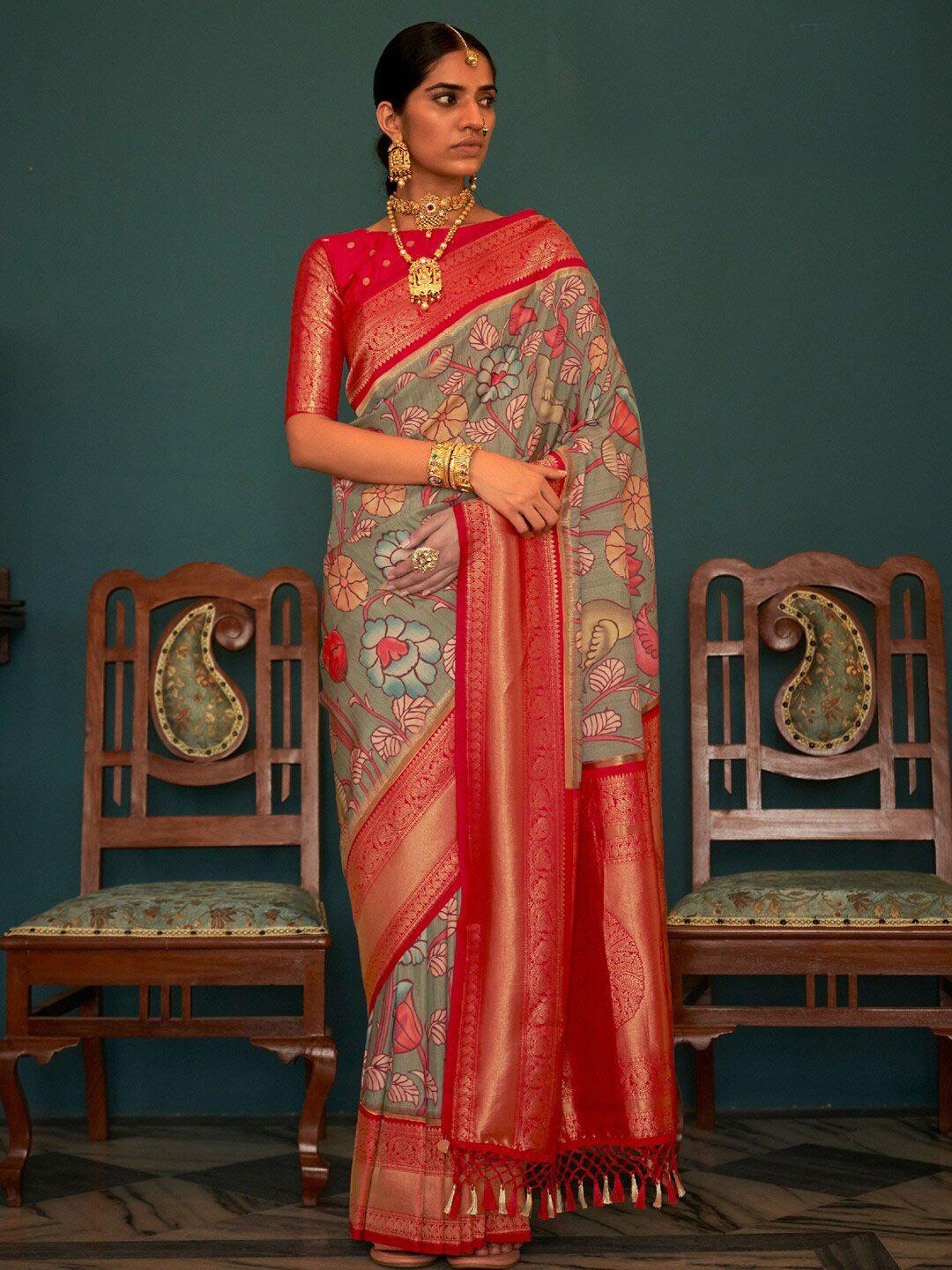 mitera grey & red floral printed silk blend banarasi saree