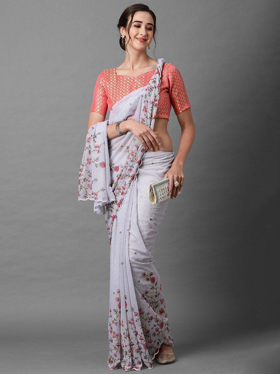 mitera grey & red floral sequinned poly georgette saree