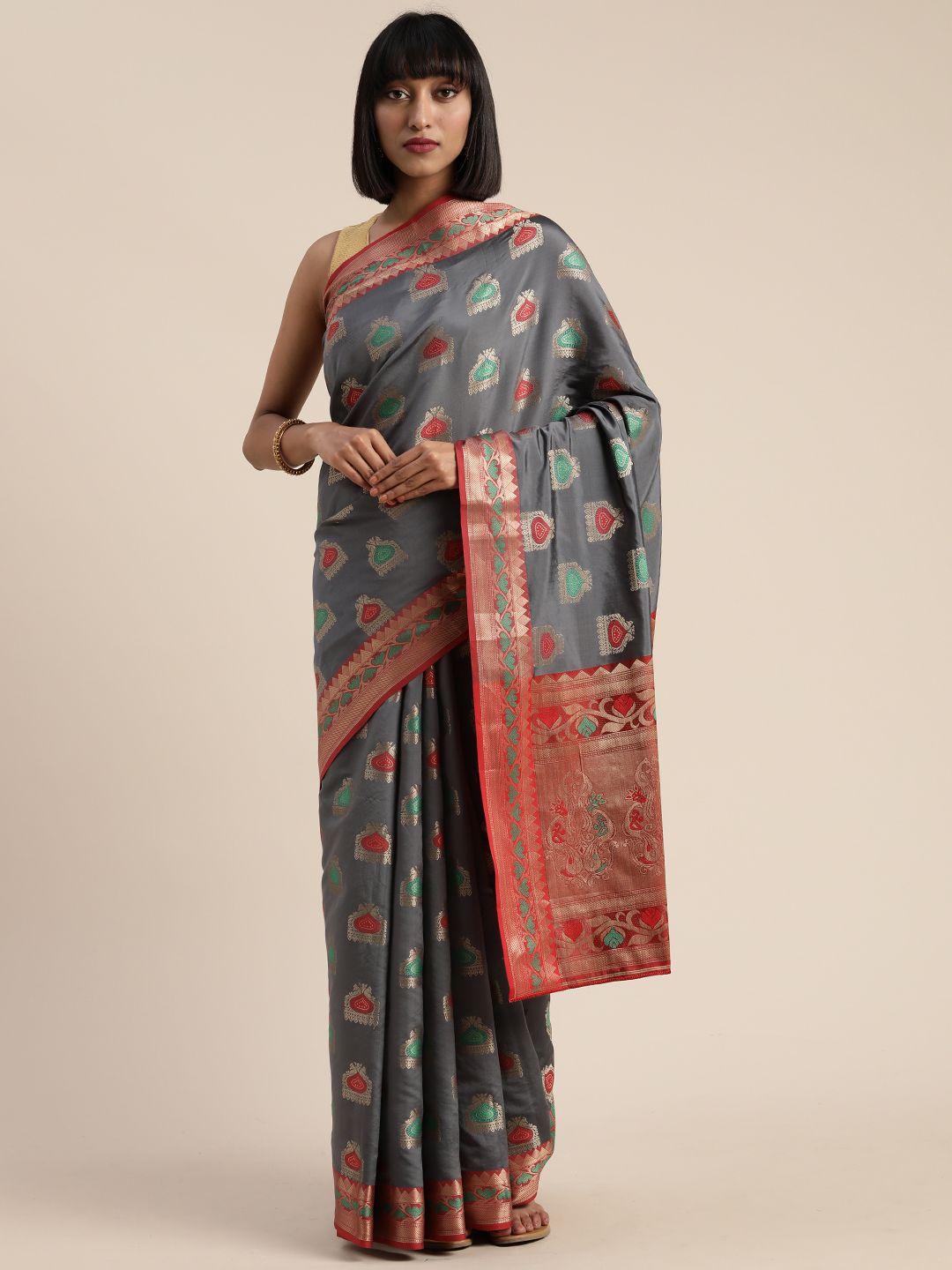 mitera grey & red poly silk woven design banarasi saree