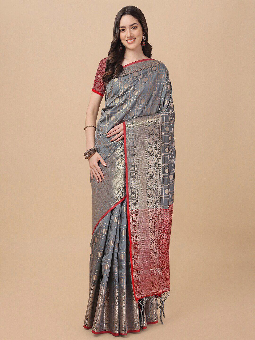 mitera grey & red zari silk cotton banarasi saree