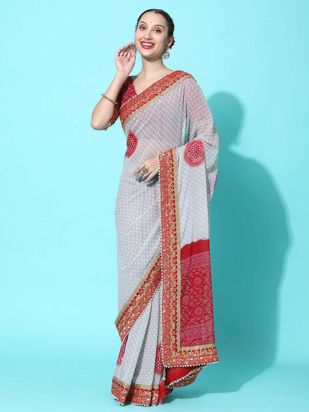 mitera grey & rose gold bandhani embroidered pure georgette bandhani saree