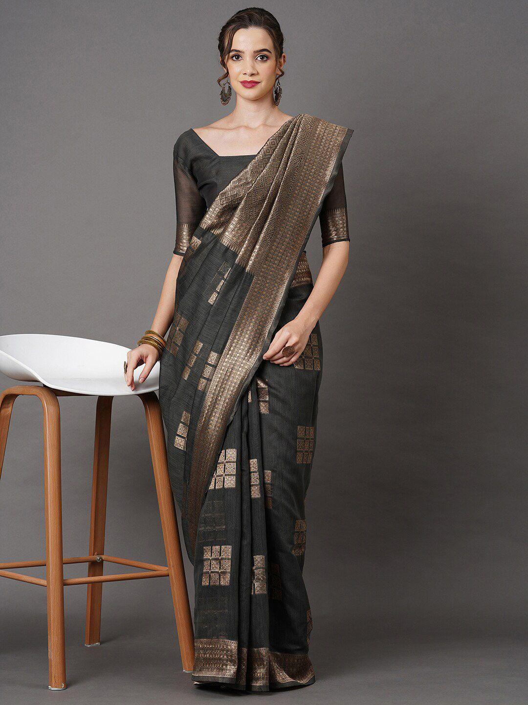 mitera grey & rose gold floral linen blend banarasi saree