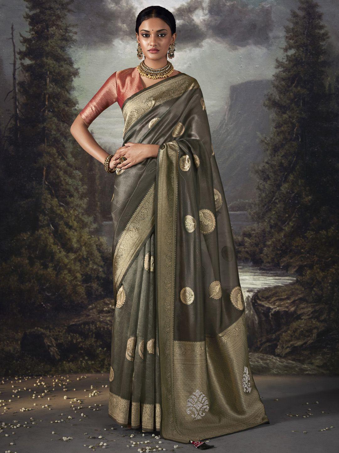 mitera grey & silver-toned ethnic motifs zari tissue banarasi saree