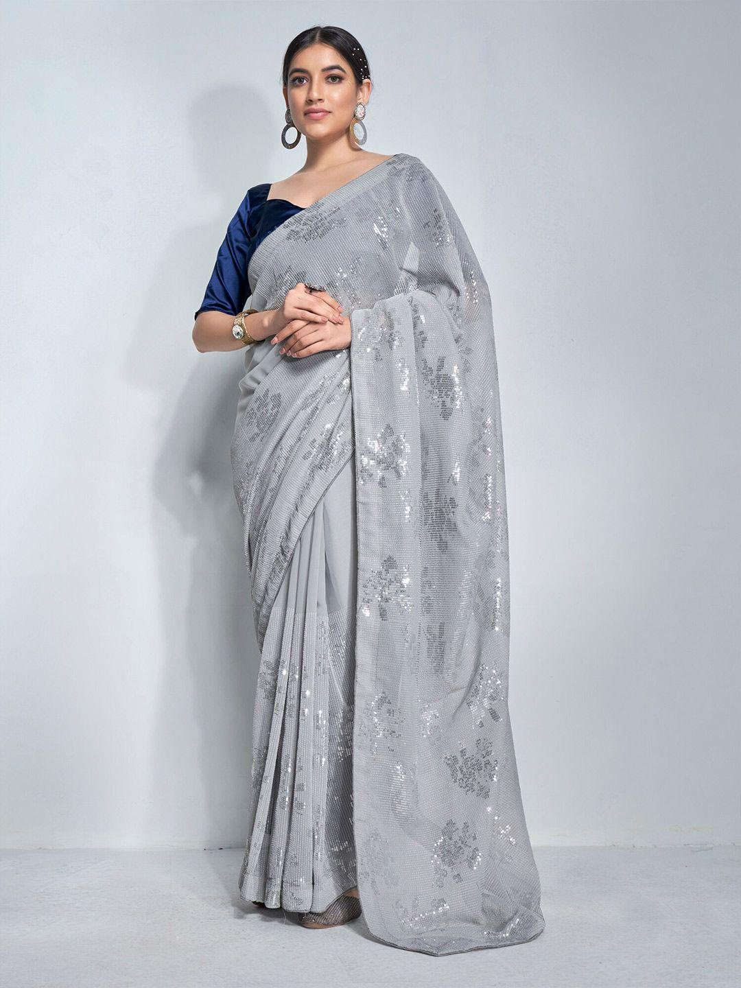 mitera grey & silver-toned floral embellished sequinned pure georgette designer saree