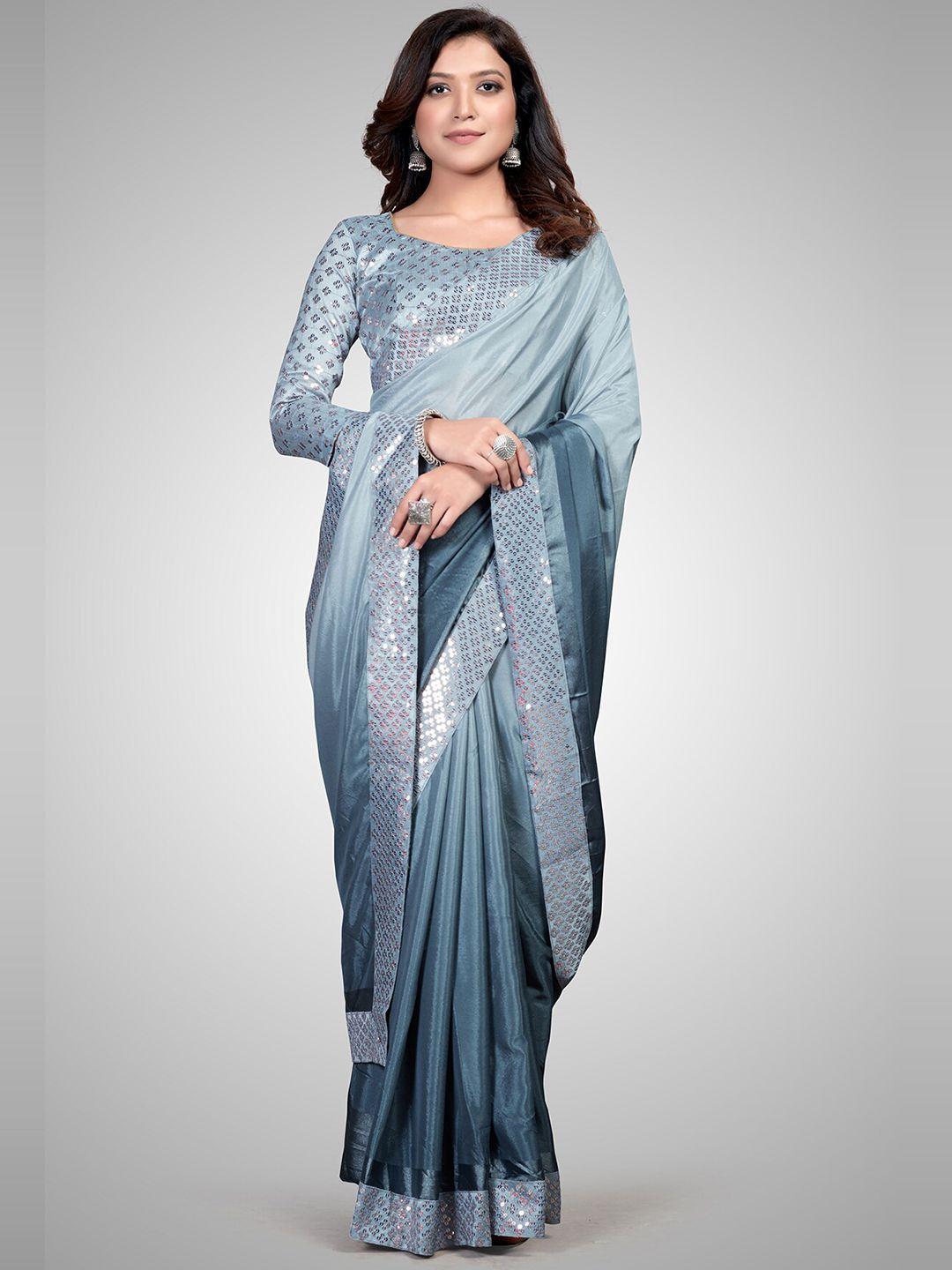 mitera grey & silver-toned ombre sequinned silk blend  saree