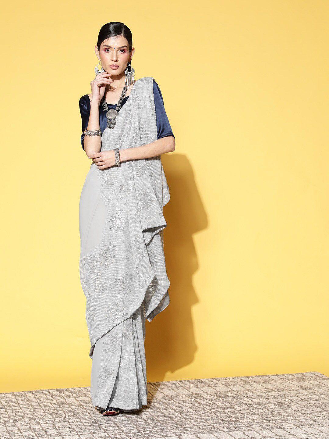 mitera grey & silver-toned sequined pure georgette saree