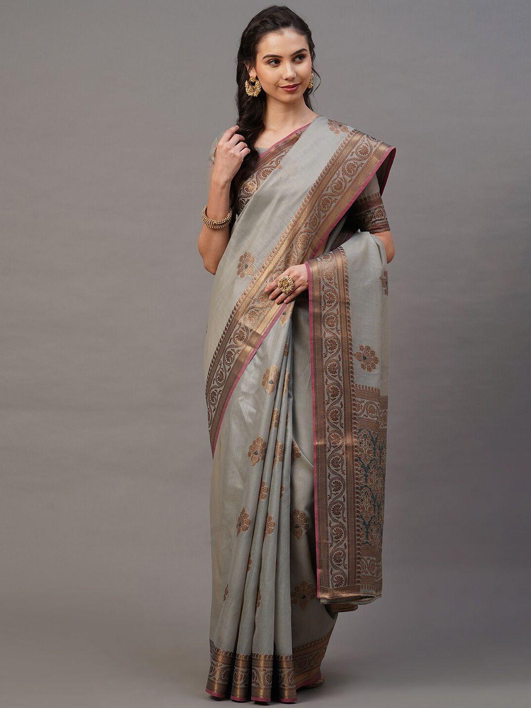 mitera grey & tan ethnic motifs zari silk blend banarasi saree