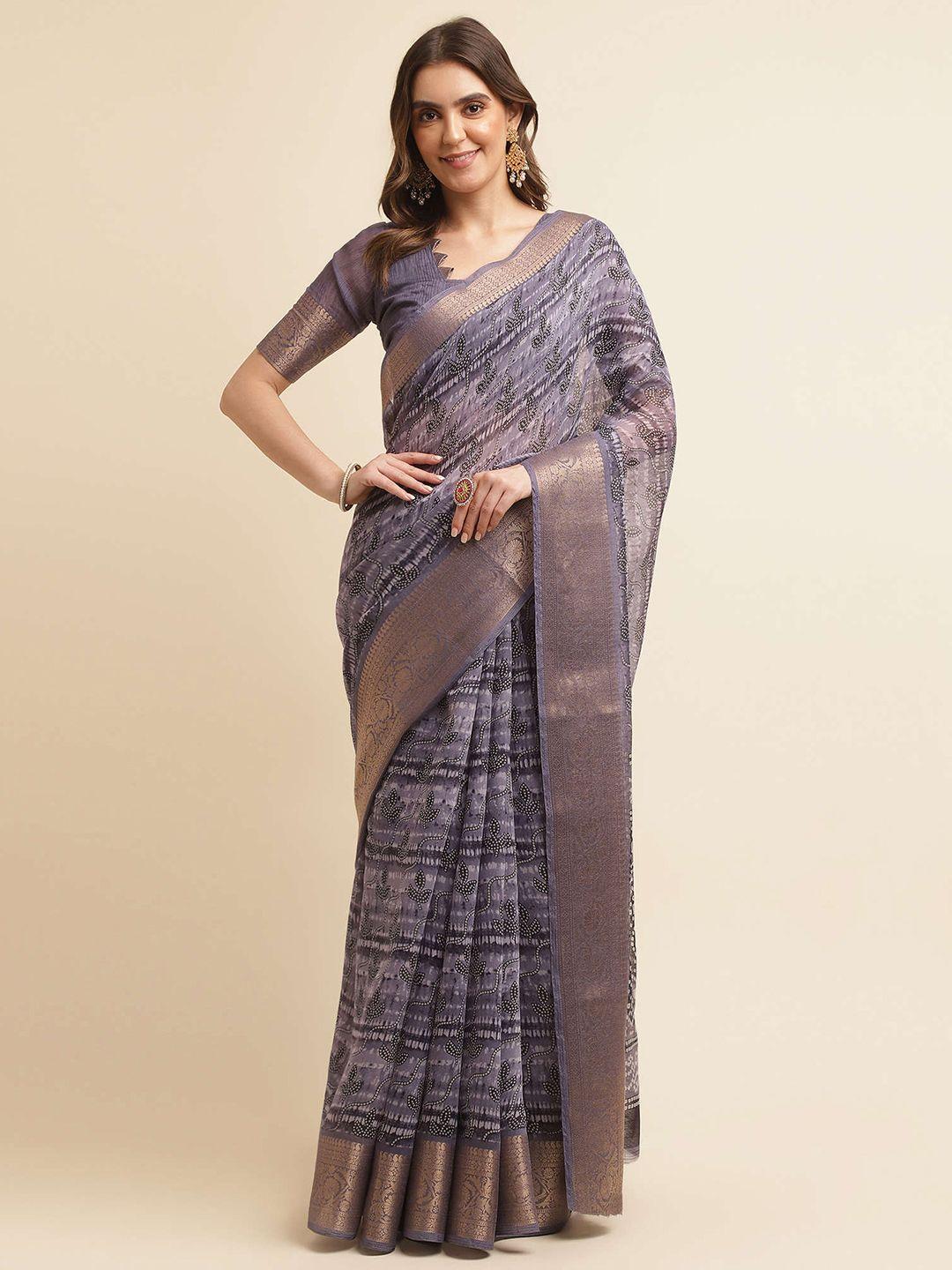 mitera grey & white abstract printed zari silk cotton banarasi saree