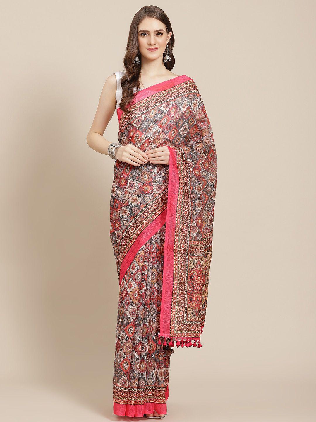 mitera grey & white ethnic motifs printed half and half saree