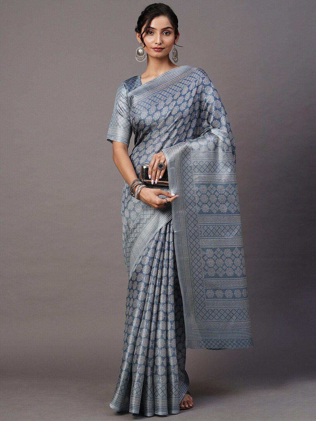 mitera grey & white floral printed silk blend bagh saree