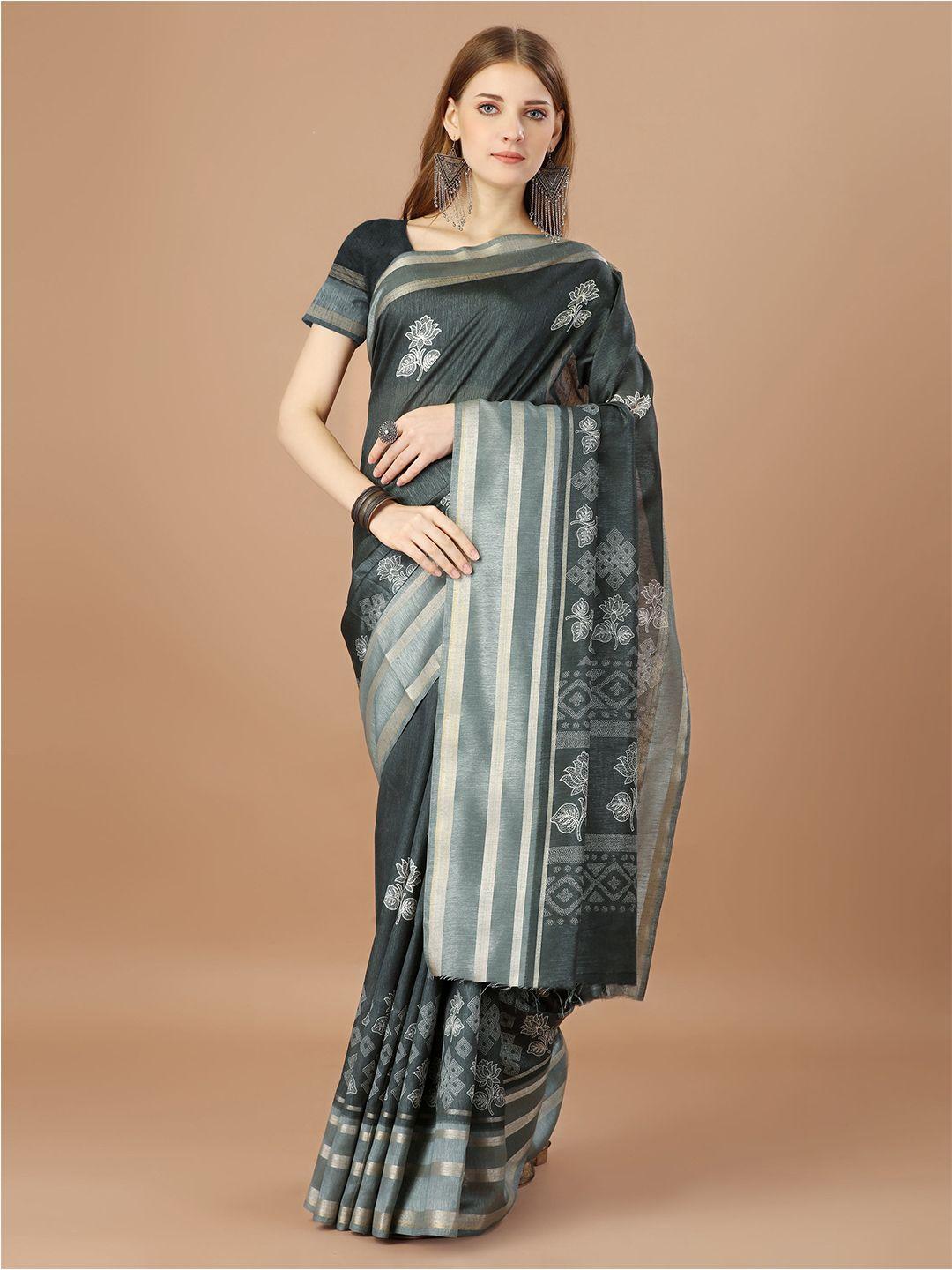 mitera grey & white floral zari pure silk saree