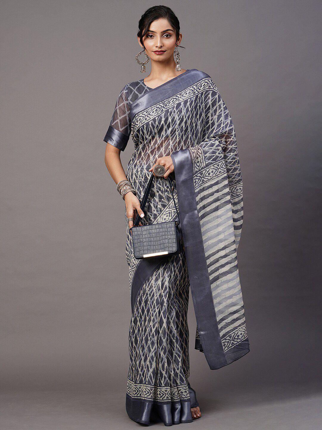 mitera grey & white geometric printed  saree