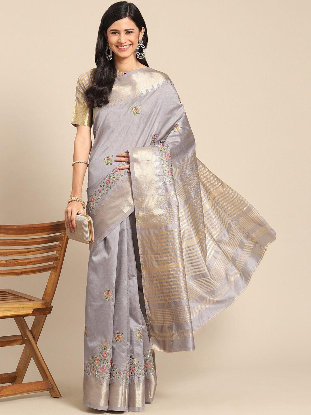 mitera grey & yellow floral embroidered silk cotton mysore silk saree