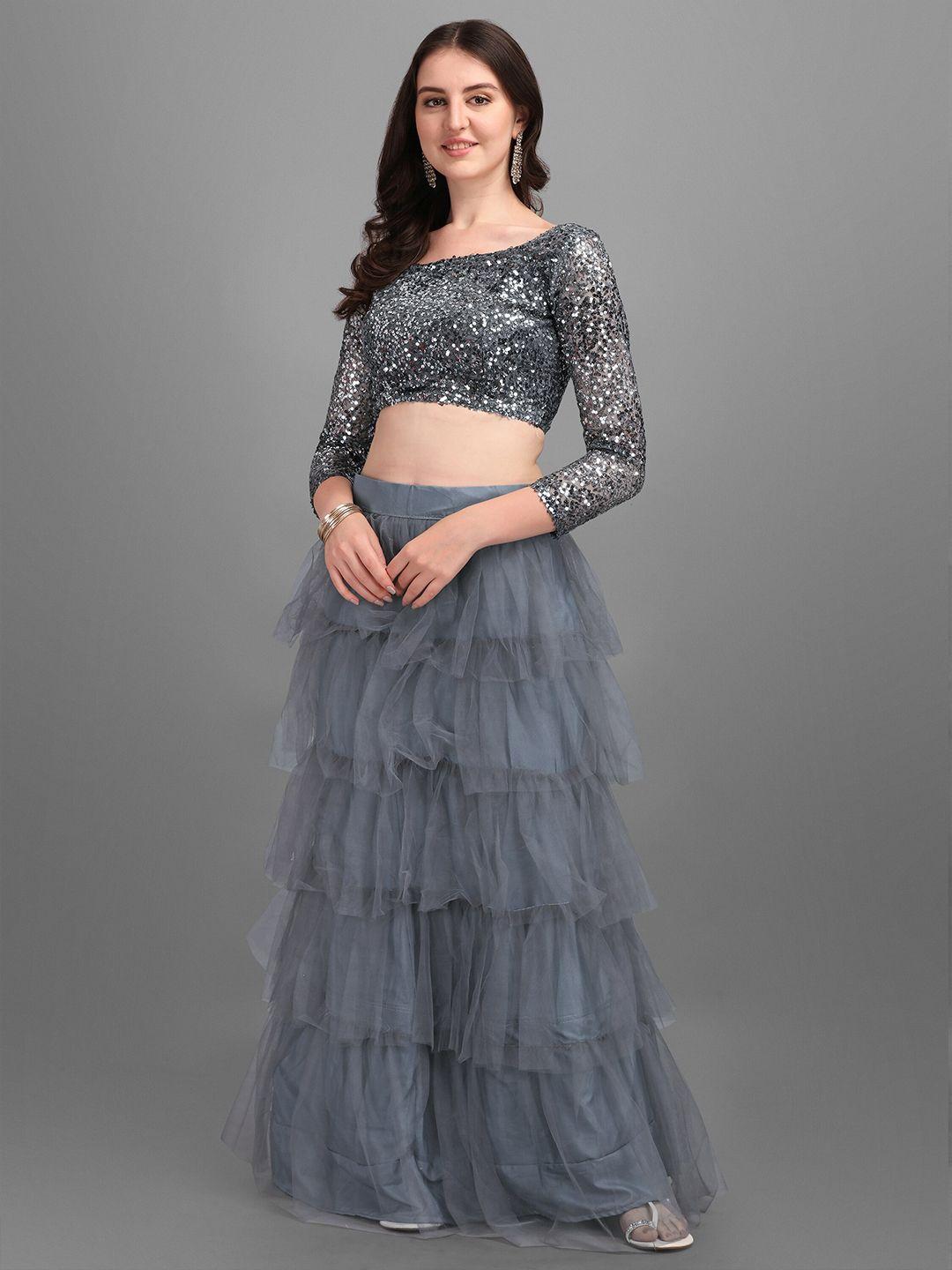 mitera grey embellished sequinned semi-stitched lehenga & unstitched blouse with dupatta