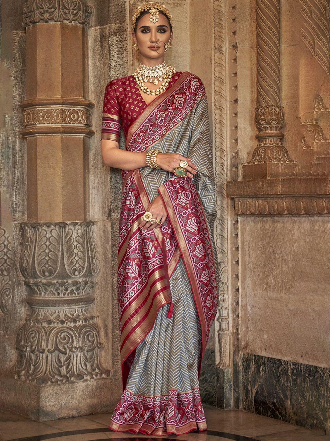 mitera grey embellished silk blend designer patola saree