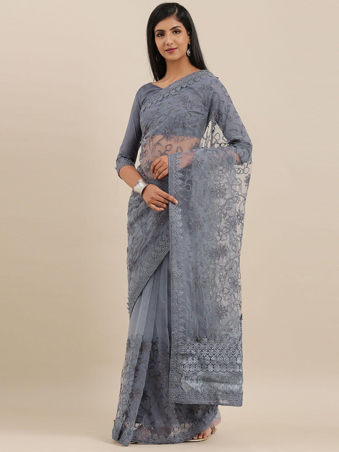 mitera grey embroidered net saree with beads