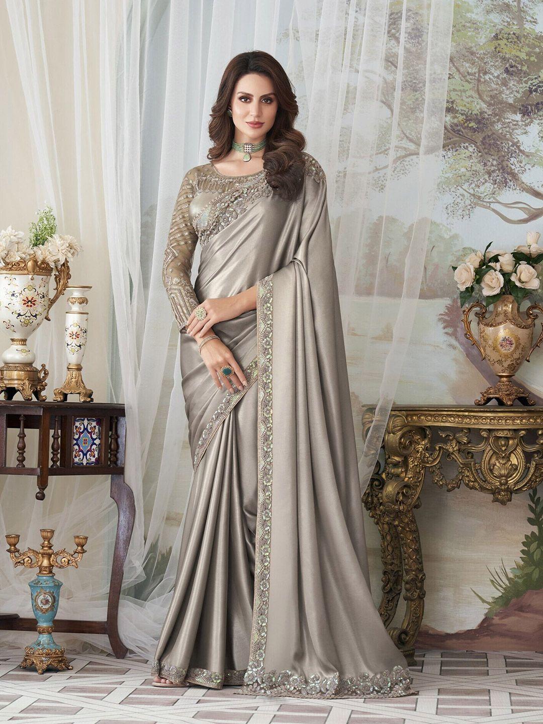 mitera grey embroidered sequinned silk blend saree