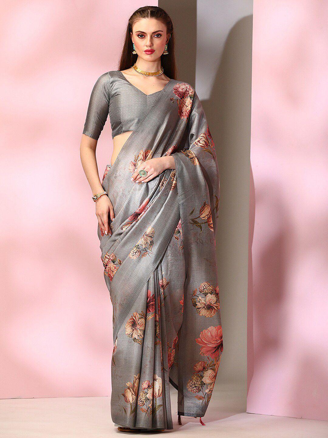 mitera grey floral printed bagru saree