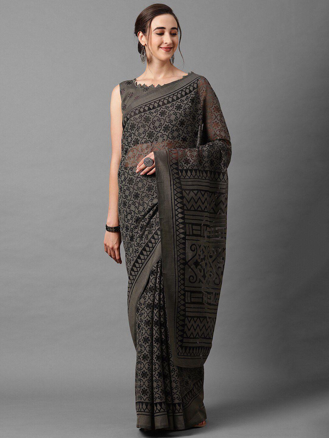 mitera grey floral printed net chanderi saree