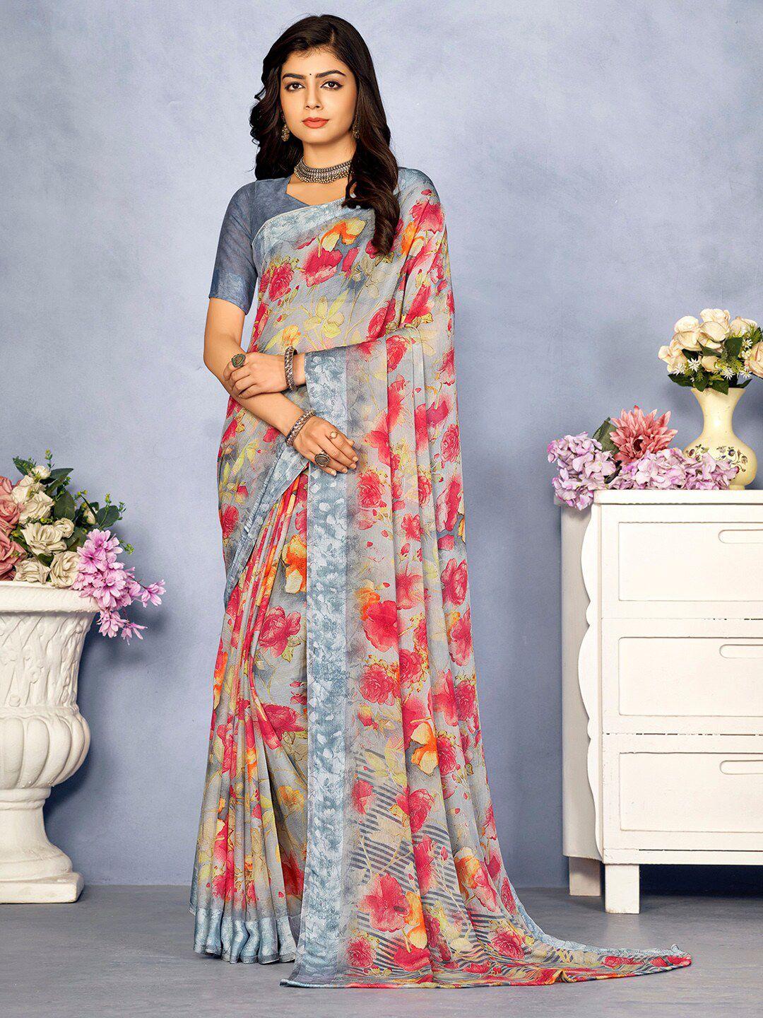 mitera grey floral pure chiffon designer bagru saree