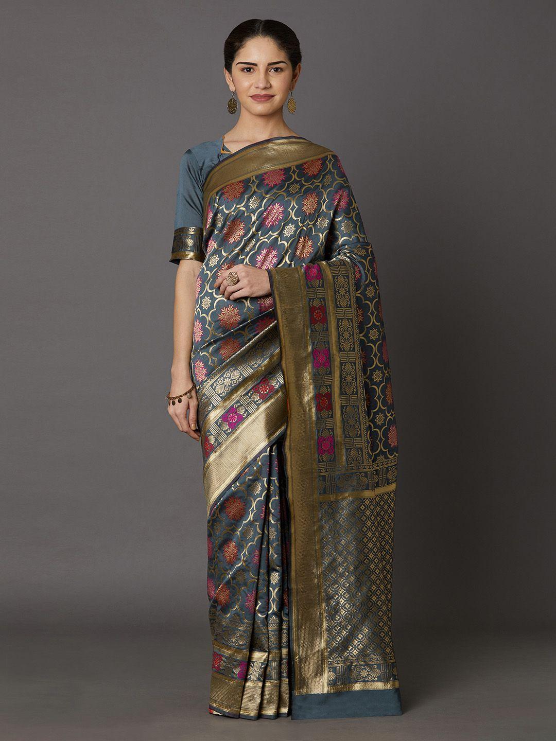 mitera grey silk blend woven design kanjeevaram saree