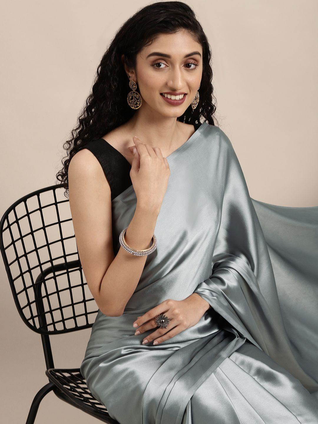 mitera grey solid satin saree