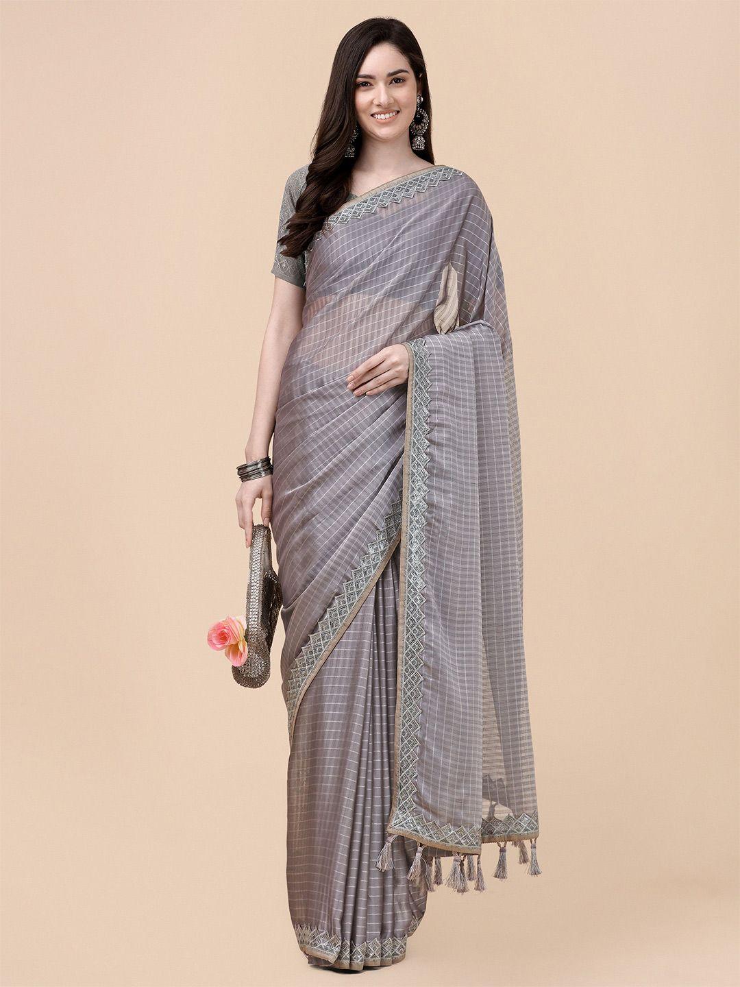mitera grey striped embroidered pure chiffon saree