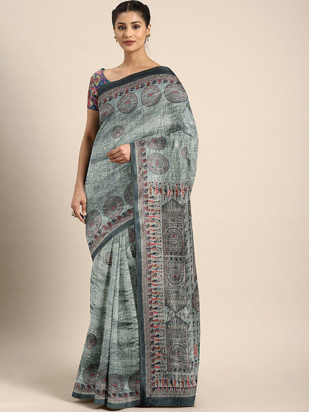 mitera grey warli printed silk blend saree