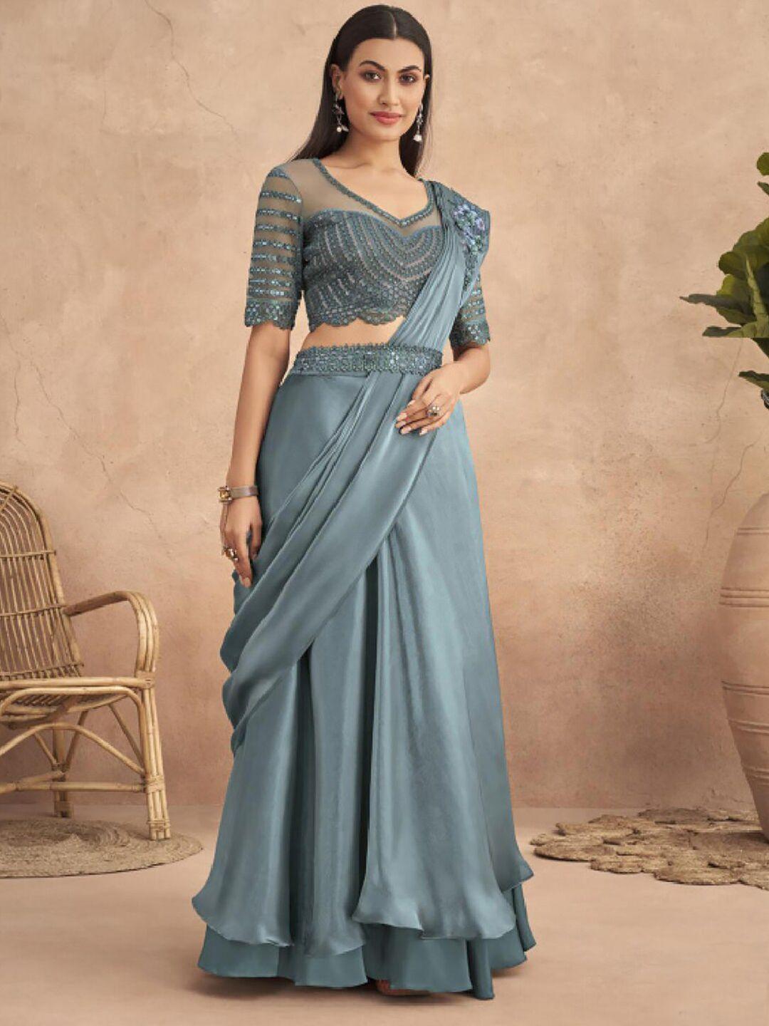 mitera gunmetal-toned embellished patchwork satin lehenga saree