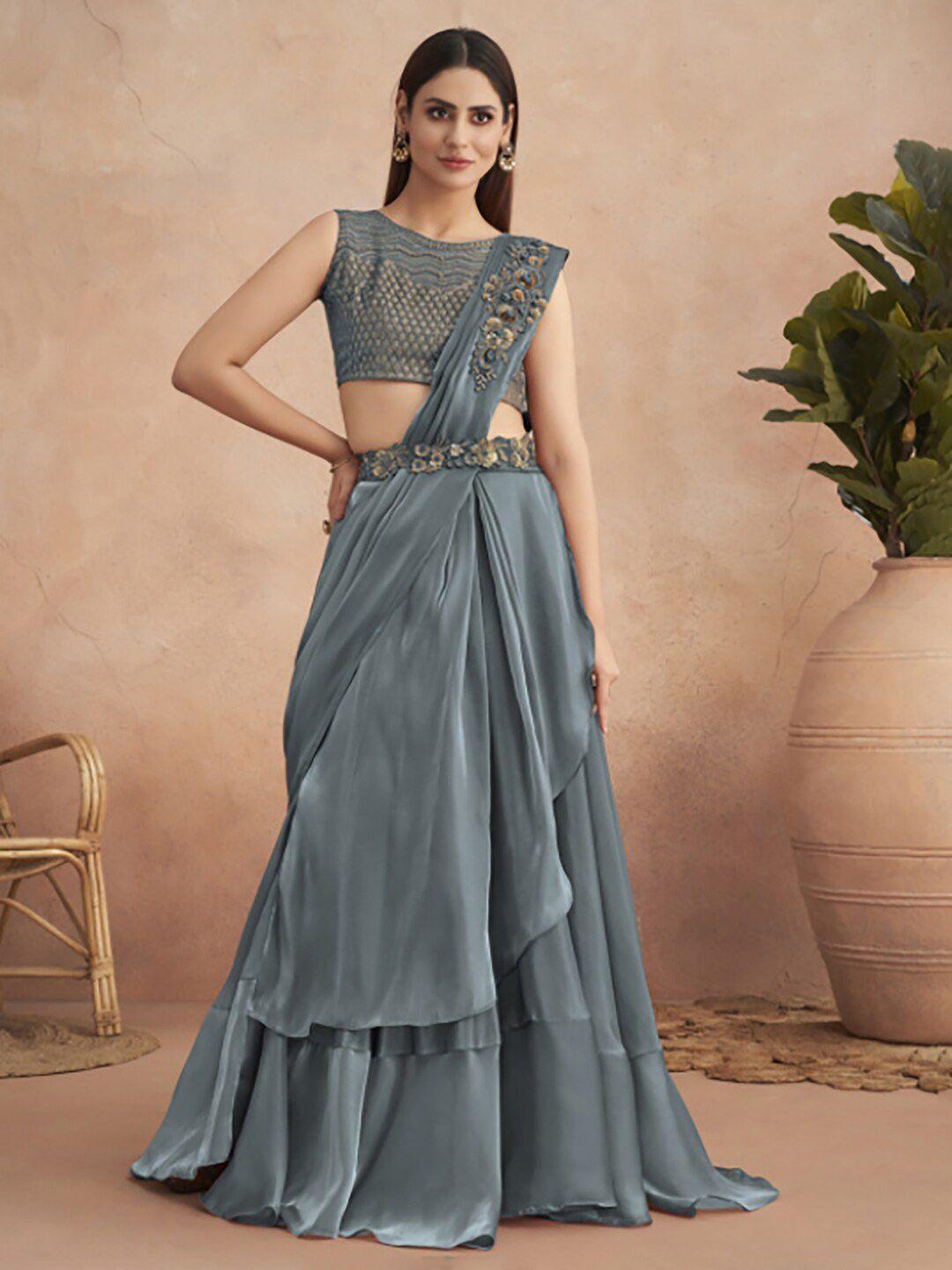 mitera gunmetal-toned satin lehenga saree