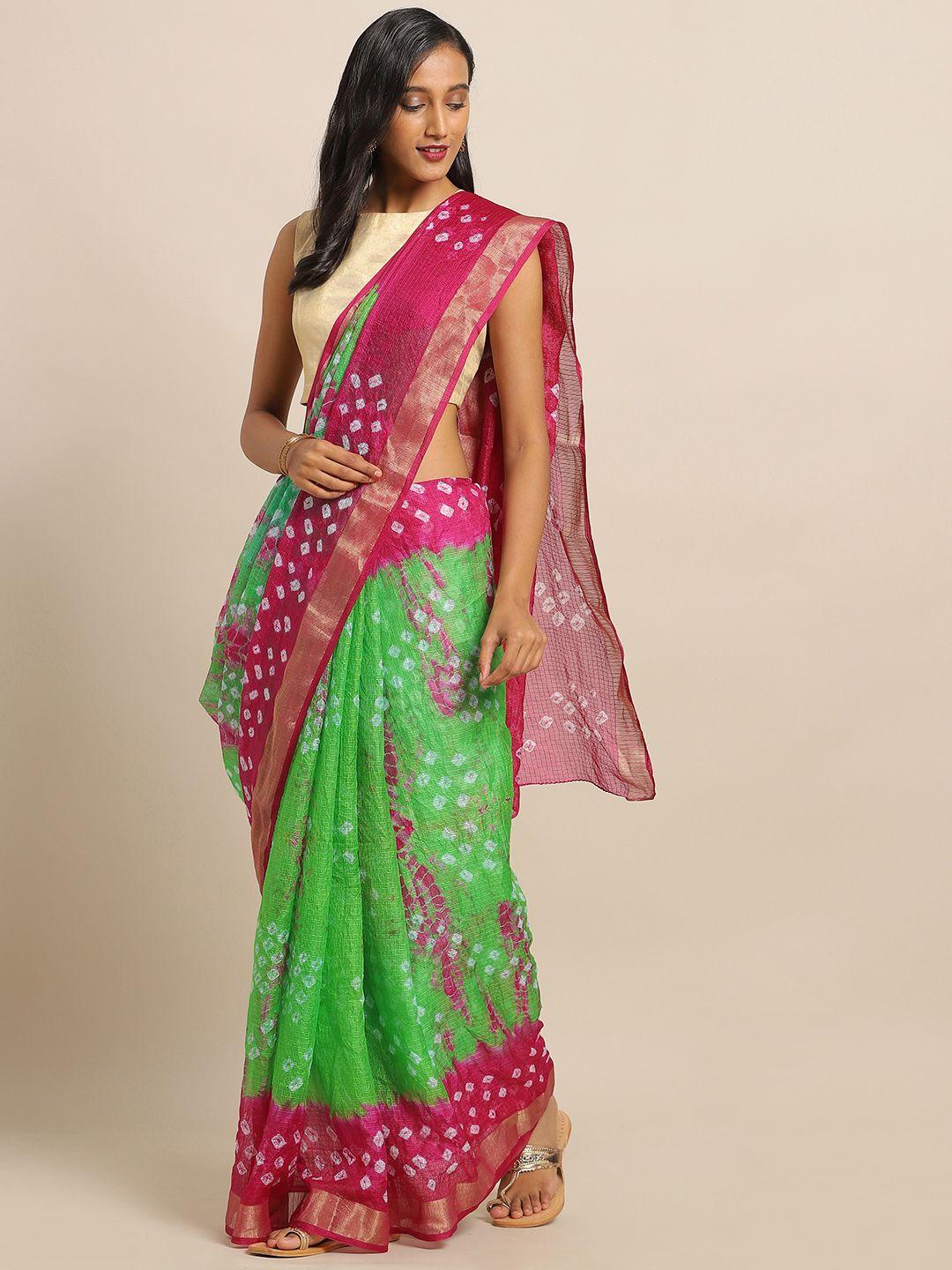 mitera hand dyed green & pink bandhani kota silk  sustainable saree