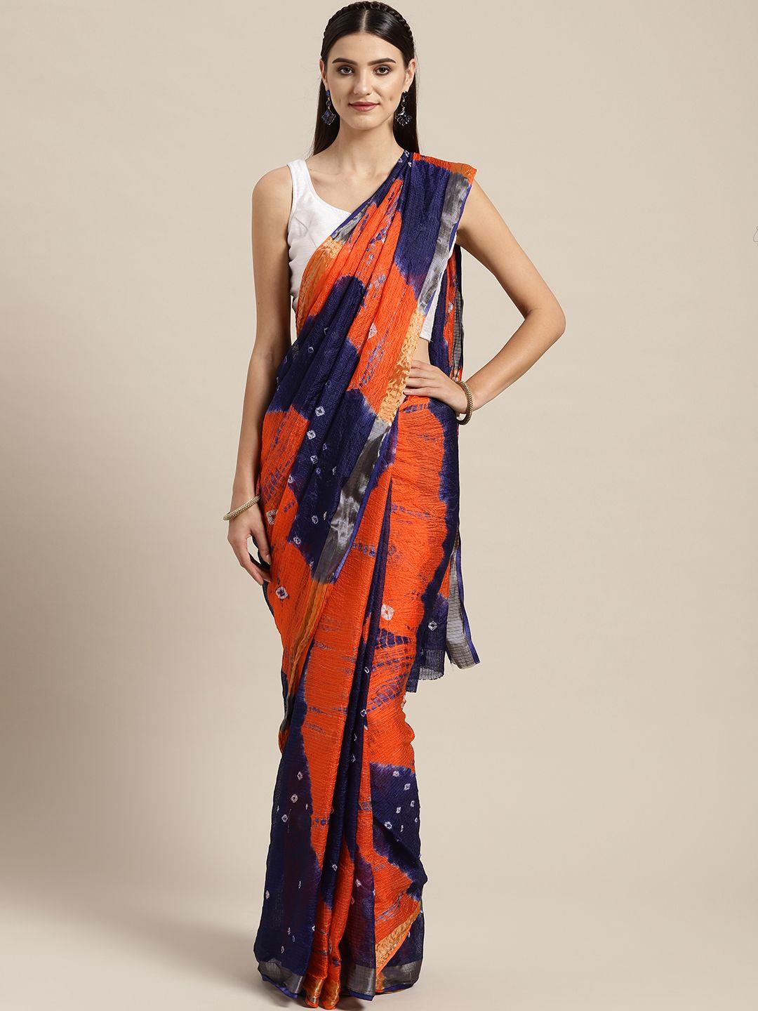 mitera hand dyed orange & navy blue bandhani kota doria  sustainable saree