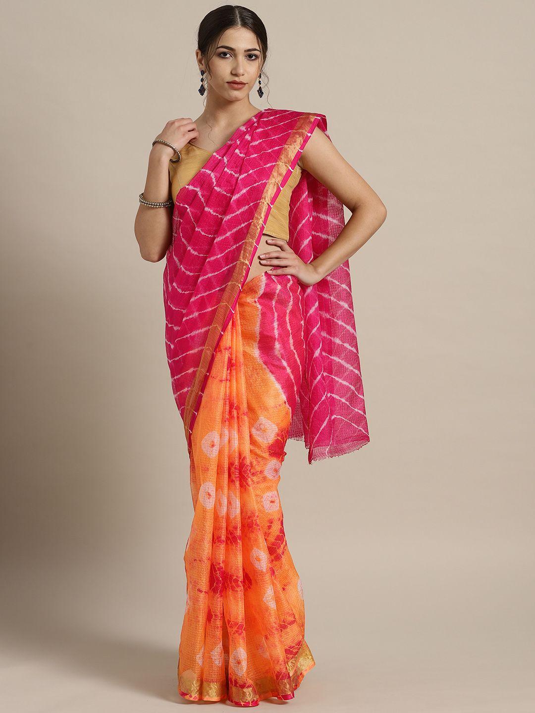 mitera hand dyed orange & pink bandhani kota silk  sustainable saree