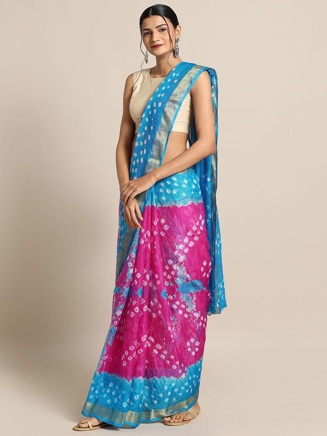 mitera hand dyed pink & blue bandhani kota silk  sustainable saree