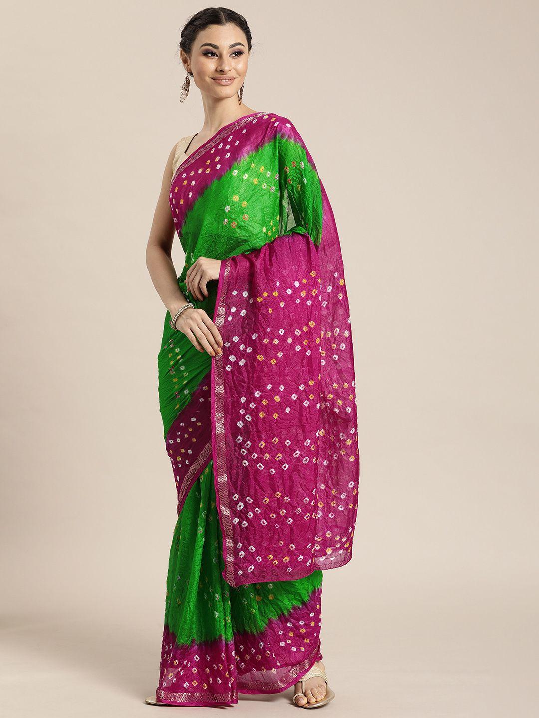 mitera hand dyed pink & green bandhani silk  sustainable saree