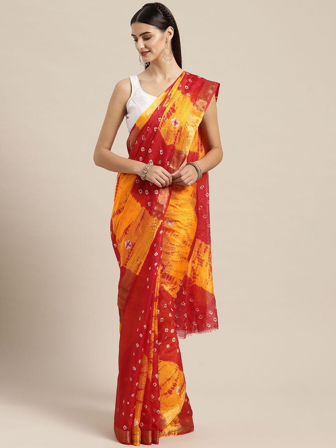 mitera hand dyed red & yellow bandhani kota doria  sustainable saree