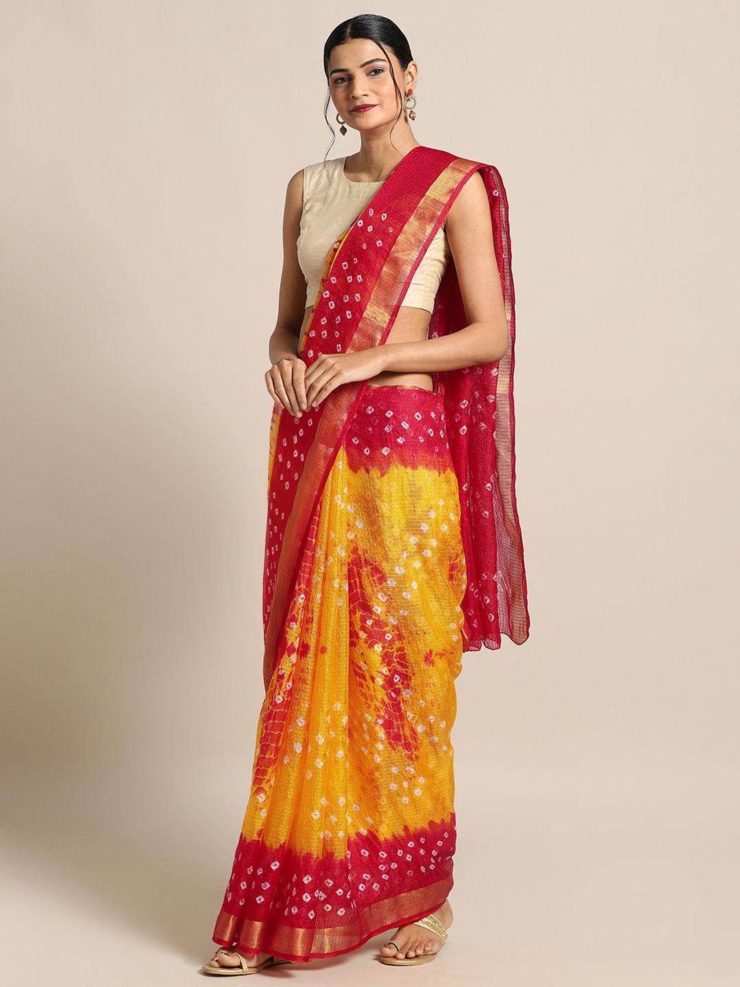 mitera hand dyed red & yellow bandhani kota silk  sustainable saree