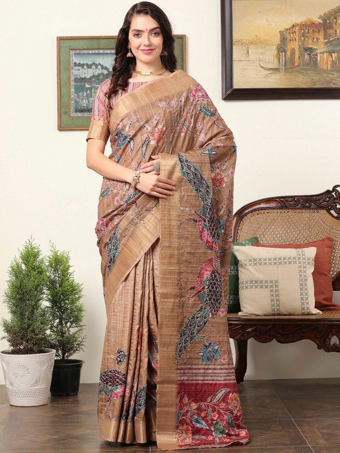 mitera kalamkari embroidered silk blend designer saree