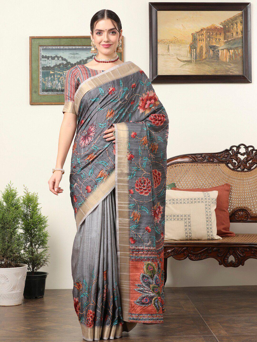 mitera kalamkari embroidered silk blend designer saree