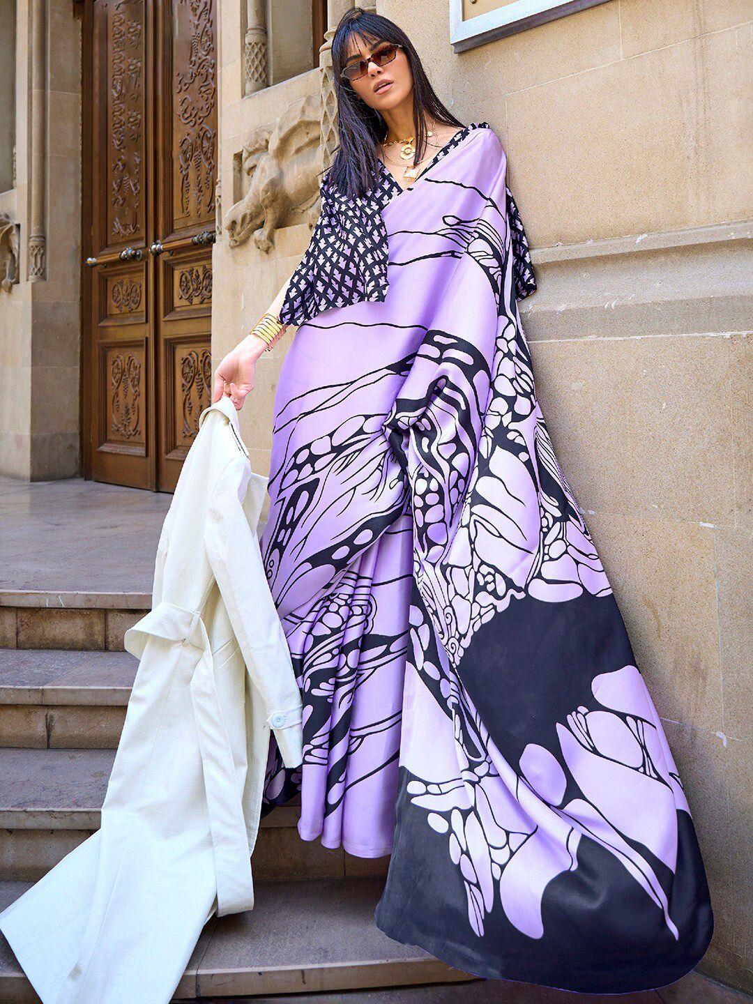 mitera lavender & black pure crepe block print saree